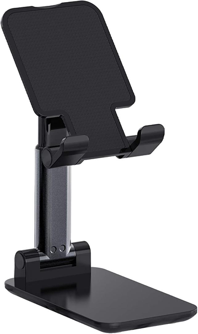 Adjustable Cell Phone Stands for Desk, Aluminum Folding Phone Holder with Stable Base and Charging Port for 4-12.9 Inches Smart Phone, Tablet (Black)