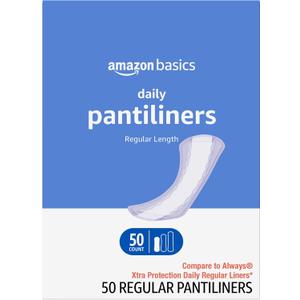 Amazon Basics Daily Pantiliner, Regular Length, Thin Absorbent Feminine Pads for Women, Unscented, 50 Count (Previously Solimo)