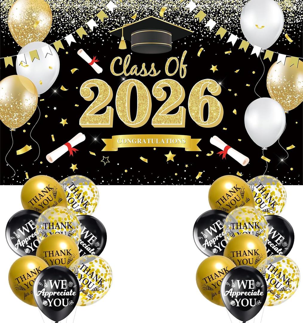Black Gold Class of 2026 Banner, Large Congratulations Graduation Banner Backdrop, Graduation Party Decorations 2026 for Indoor, Outdoor, Graduates, Congrats Grad Celebration Supplies