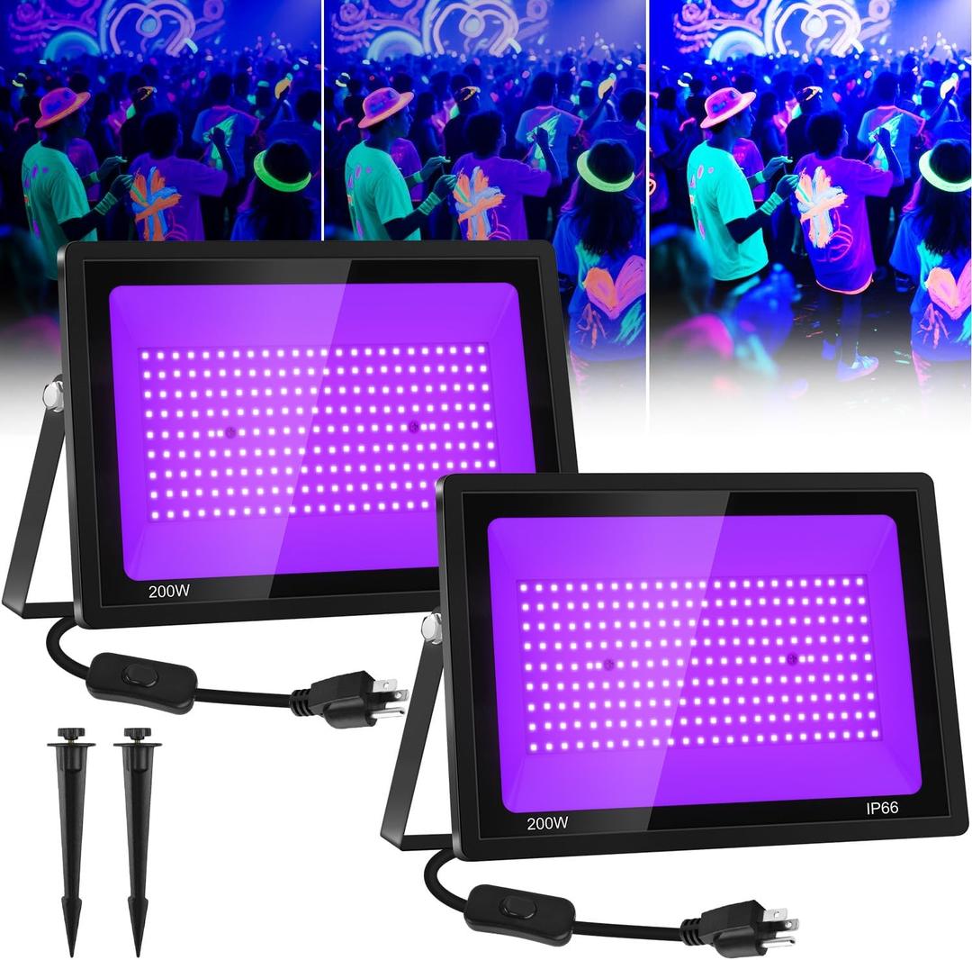 T-SUN 200W Black Lights Outdoor, 3 Brightness Modes Black Light Flood Light with Plug, Halloween Blacklight, IP66 Waterproof LED Flood Light for Glow Party Body Paint Poster Stage