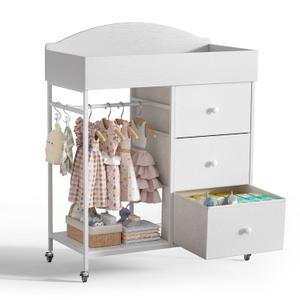 DTK Changing Table Dresser with Clothing Rack and Storage Shelf,3-Drawer Baby Dresser with Changing Table Top,Diaper Changing Station with Waterproof Pad,Mobile Dresser for Nursery,White