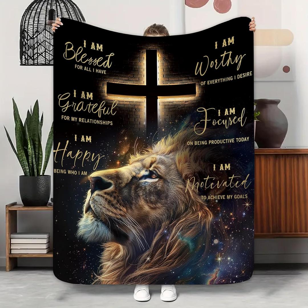 Lion Bible Christian Blanket Man Masculine Quotes Positive Inspirational Motivational Cross Birthday Presents Home Bedroom Decor Soft Cozy Plush Throw Blankets 50"x60" (Black Gold Lion)