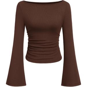 PRETTYGARDEN Womens Long Sleeve Shirts 2026 Spring Crop Going Out Tops Casual Boat Neck Bell Sleeve Ribbed Ruched Y2K Clothes (Brown, M)