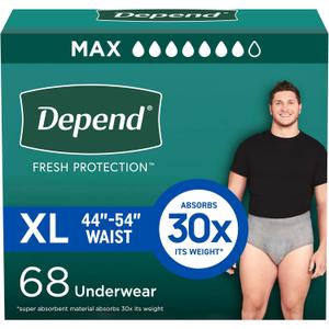 Depend Fresh Protection Adult Incontinence Underwear for Men, Disposable, Maximum, Extra-Large, Grey, 68 Count (2 Packs of 34), 