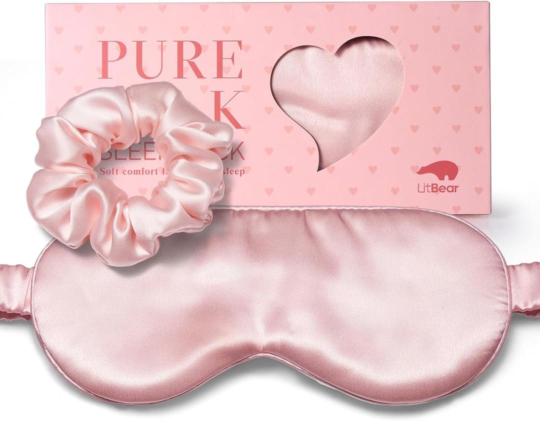 LitBear 100% Pure Silk Sleep Mask, 22 Momme 6A Silk Fabric and Filling, Total Light Blocking Mulberry Silk Eye Mask Sleeping for Women, Men, Side Sleepers, Includes Travel Pouch and Silk Scrunchie