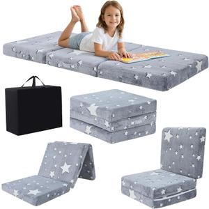 MeMoreCool Glow Star Kids Foldable Floor Mattress Mat with Carry Bag, 3-in-1 Tri-Fold Futon, Soft Plush Glow Cover, Portable for Travel, Grey 63x26 Inch