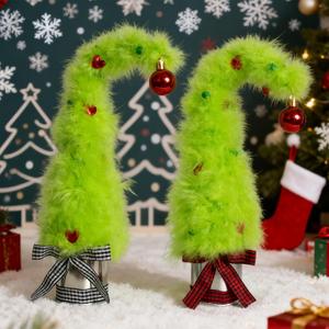 Set of 2 Lime Green Christmas Table Tree - 17Plush Griinchs Style Christmas Tabletop Mini Tree Decorations with Red Balls, Indoor Xmas Home Decor for Table Office Mantle
