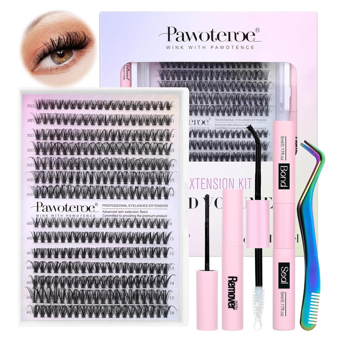 Pawotence Lash Extension Kit DIY 280pcs Individual 30D 40D Cluster, Eyelash Bond and Seal, Lash Remover & Tweezers for Self Use, Black (30D&40D, 9-16mm, All Kit)