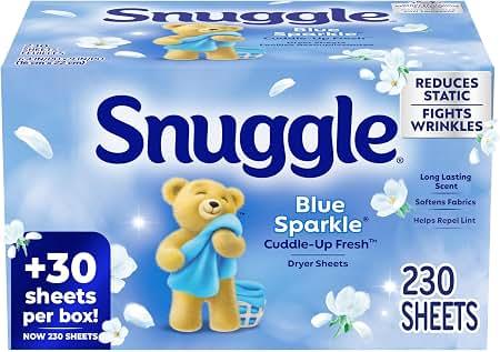 Snuggle Fabric Softener Dryer Sheets, Blue Sparkle CuddleUp Fresh, 230 Ct, LongLasting Fresh & Clean Scent, Softens Fabric, Reduces Static, Fights Wrinkles, Helps Repel Lint & Pet Hair, HE Safe
