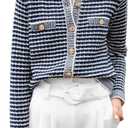 ANRABESS Women's Striped Cardigan Sweaters Casual Long Sleeve Open Front Button Down Knit Cropped Jackets Fall Coat Outerwear (Stripe Navy Blue), S