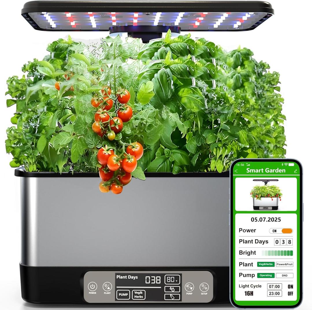 Hydroponics Growing System Indoor Garden, Smart Indoor Herb Garden with Grow Light, in Door Gardening System 8 Pods, APP & WiFi Control, Auto Timer, Quiet Pump, Stainless, Gift for Women Mom, Black