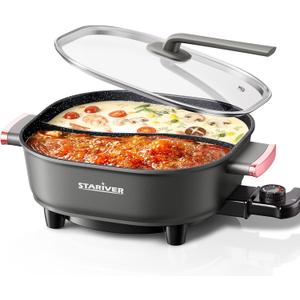 Stariver 6L Electric Hot Pot with Divider, 1300W, Dual-Flavor Pot for Two Broths, 5-Temp Control & Non-Stick Coating, Electric Pot for Shabu Shabu, Fondue, Perfect for Family Gatherings & Parties (Grey)