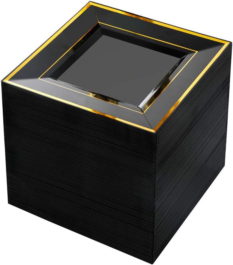 bUCLA 100PCS Black Square Plastic Plates with Gold Rim - 6 inch Disposable Dessert/Appetizer/Small Cake Plates for Party, Graduation & New Year