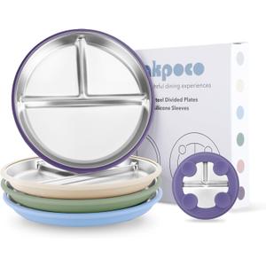 Bakpoco Stainless Steel Suction Plates for Toddlers, 9" Divided Kids Baby Plates with Removable Silicone Suction, Non Toxic Non Slip Portion Control Snack Dishes 4 Packs, Blue Green Purple Beige, 9" Round