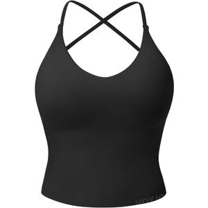 VOYJOY Women's Workout Tank Top V Neck Padded Sleeveless Backless Crop Tops with Adjustable Spaghetti Strap Black S