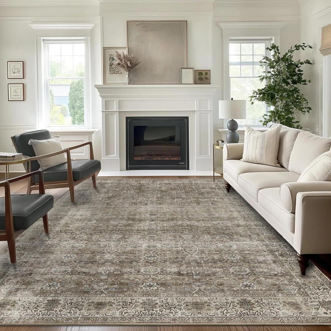 Brown Grey 6x9 Washable Rug for Living Room Large Vintage Distressed Bedroom Rug Low Pile NonSlip Soft Boho Carpets for Bedroom Dining Room Home Office Indoor Nursery Antique/Moss