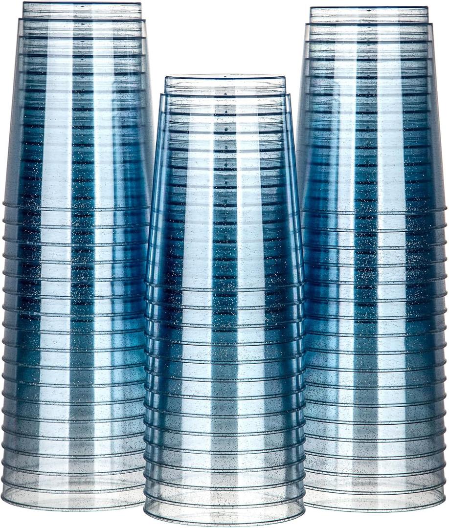 Homy Feel 10 Oz Blue Glitter Plastic Cups - 50PCS Disposable Cocktail & Wine Cups for Wedding Party