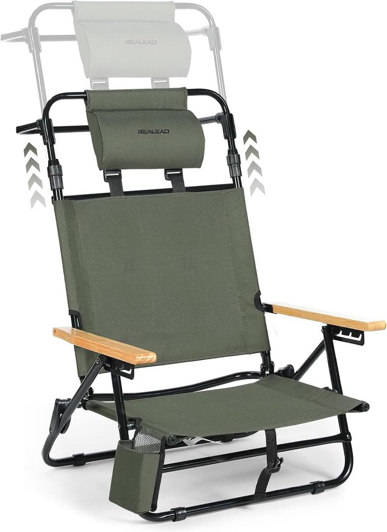 REALEAD Reclining Beach Chairs for Adults, Extendable High Back Beach Chair with Headrest and Cooler Pouch, 4-Position Lay Flat Folding Beach Chairs Heavy Duty Support 330LB (Green)