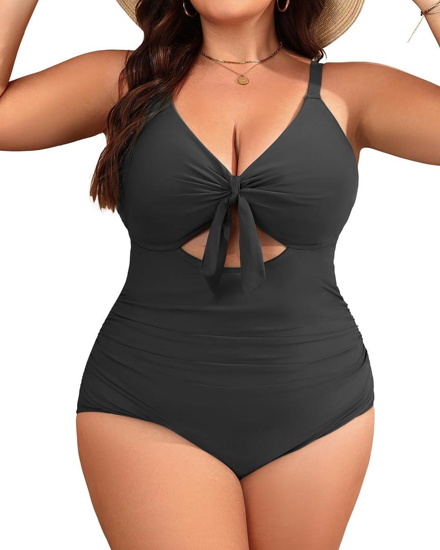 Aqua Eve Plus Size One Piece Swimsuit for Women Tummy Control Bathing Suit Cutout Swimwear (Black) 18W