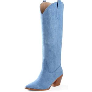 iiimmu Cowgirl Boots Women Knee High Boots Pointed Toe and Block Heel Cowboy Suede and Faux Leather Boots with Embroidered (8.5, Blue)