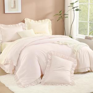 Litanika Light Pink Twin Size Comforter Sets, 2 Pieces Ruffle Farmhouse Aesthetic Bedding Comforter Sets, All Season Soft Lightweight Fluffy Microfiber Bed Set(66x90In Comforter, 1 Pillowcase)