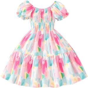 Toddler Baby Girls Summer Floral Dress Kids Puff Sleeve Square Neck Smocked Flowy Sun Dresses 2-8 Years (3# Pastel Paint)