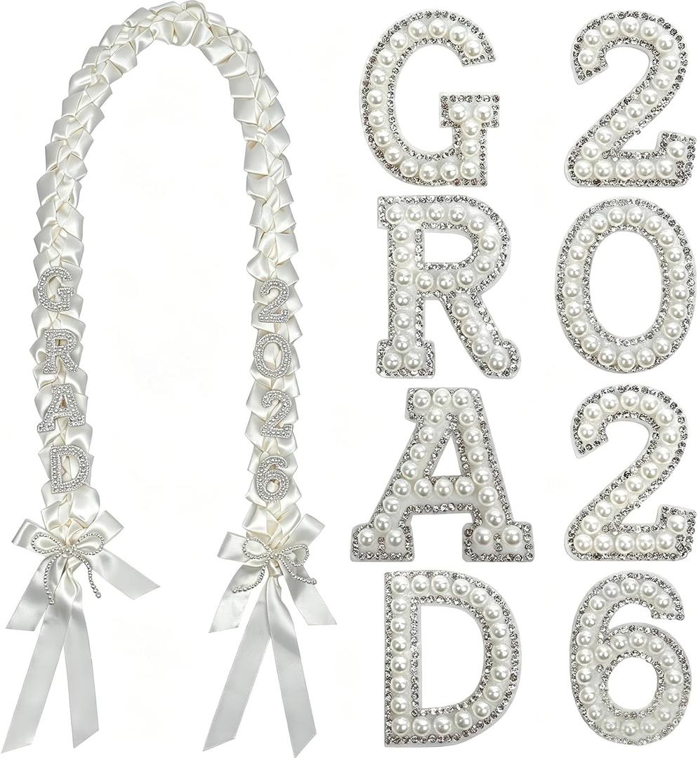 Graduation Leis Class of 2026, Handmade Double Braided Graduation Ribbon Leis with Glitter Pins for Him Her High School College Congrats Grad Gifts Party Supplies Favors(White)