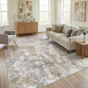 WITSHOCK Area Rugs 8x10 Living Room Rug - Washable Neutral Soft Low Pile Non-Slip Modern Abstract Thin Large Indoor Carpet for Bedroom Dining Room Nursery Office - Light Brown Grey