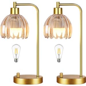 Glass Table Lamp Set of 2,Small Gold Bedside Lamps Dimmable Boho Bedroom Lamp with Tulip Flower Amber Lamp Shade,Vintage Mid Century Modern Mini Nightstand Lamp for Bedroom Living Room