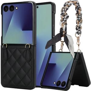 Slim Fit Galaxy Z Flip 7 Case for Women Girls with Wrist Strap, Cute Scarf Style Lanyard Hard PC Back Drop Proof Shockproof Protective Phone Cover for Samsung Galaxy Z Flip 7 5G (Black)