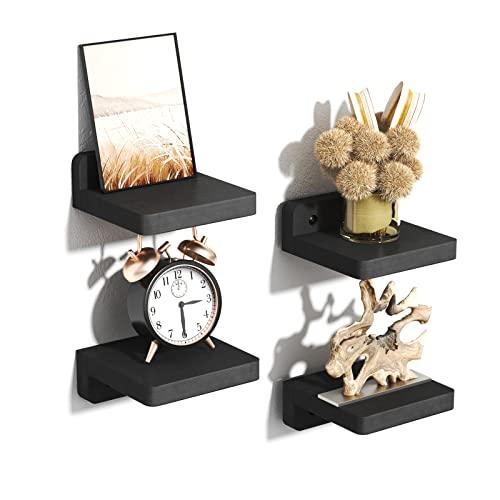 SRIWATANA Small Floating Shelves Wall Mounted, Wood Shelf for Decoration and Storage Set of Only 3, Mini Display Shelf for Bedroom, Bathroom, Kitchen, Office (Black, 4 inch)