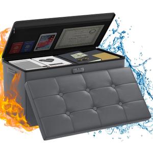 ENGPOW Storage Ottoman Bench, Fireproof Folding Bench with Lock,30 Inches FireWater Resistant Storage Chest Foot Rest Stool Leather Bedroom Ottoman Safe for Documents, Valuables, Pink (Grey)