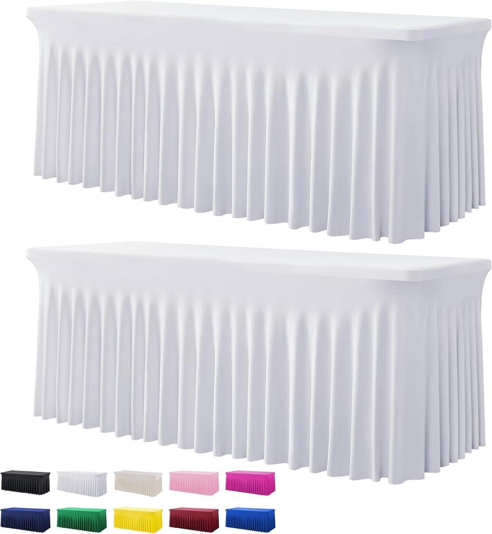 2 Pack White Spandex Table Clothes for 6 Foot Rectangle Tables, Wrinkle Free Fitted Table Cover 6ft Stretch Tablecloths Desk Skirt for Parties Weddings Birthday Banquet Baby Shower
