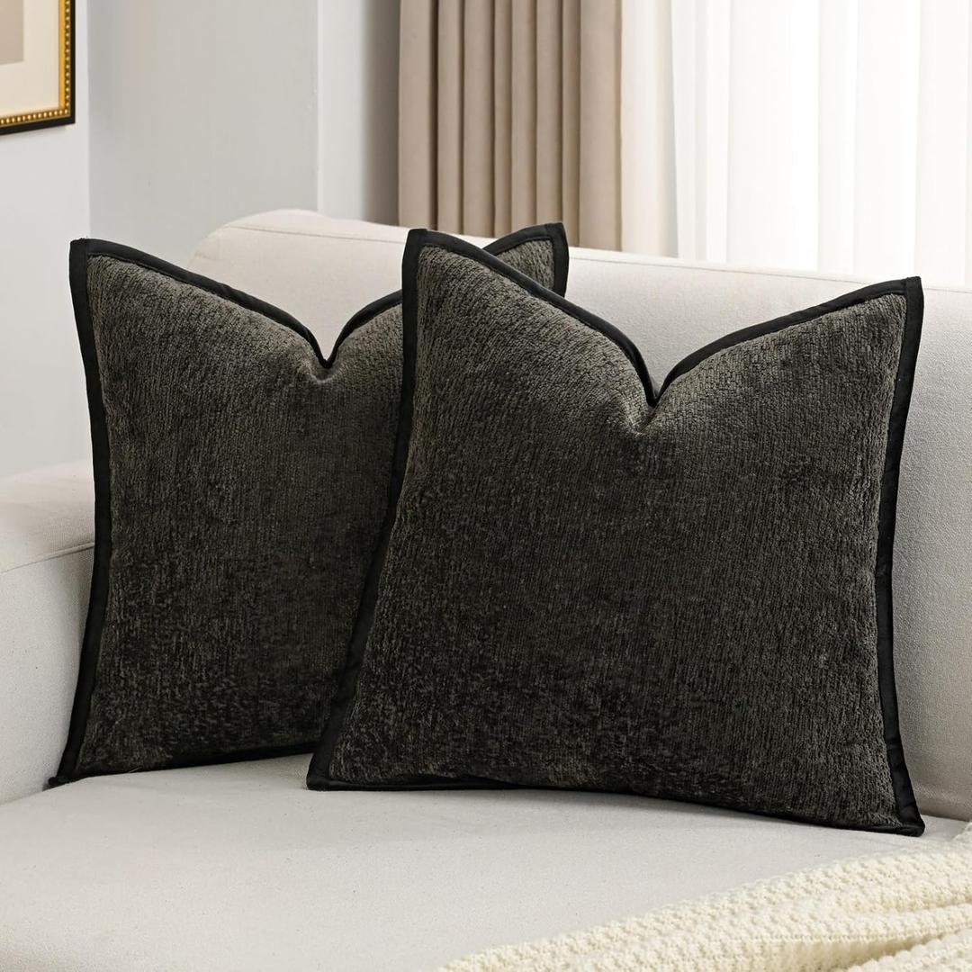 FUTEI Black Chenille Throw Pillow Covers 22x22 Inch Set of 2,Soft Cozy Bound Edge Design Cushion Case,Home Decor for Couch Bed Living Room