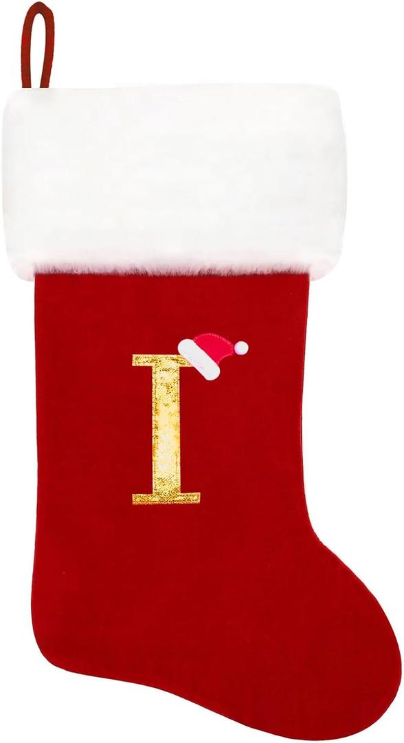 20 Inches Monogram Christmas Stockings Red Velvet with White Super Soft Plush Cuff Embroidered Xmas Stockings Classic Personalized Stocking Decorations for Family Holiday Season Decor (Letter I)