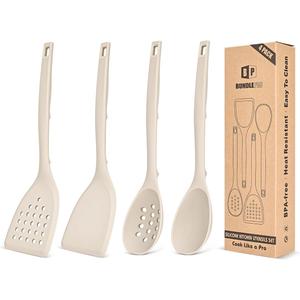 Pack of 4 Silicone Cooking Utensils Set, Non Stick Solid Spatulas and Heat Resistant Slotted Spoons with Back Hooks, Ideal BPA Free Kitchen Utensils Set for Frying,Serving,Turning,Stirring(KHAKI)