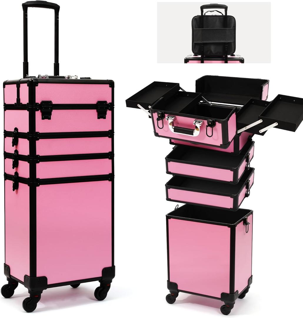 Particle Rolling Makeup Train Case Professional Cosmetic Trolley Large Storage Organizer with Key Swivel Wheels Salon Barber Case -Extra Portable Cosmetic Bag, Pink