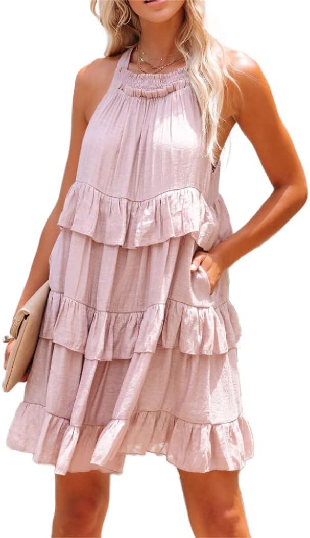R.Vivimos Women's Summer Dress Boho Sleeveless Halter Layered Ruffle Casual Swing Mini Dress with Pockets (Pink), Large