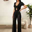 WDIRARA Women's Contrast Lace Flare Leg High Waisted Dressy Loose Elegant Pants Black M