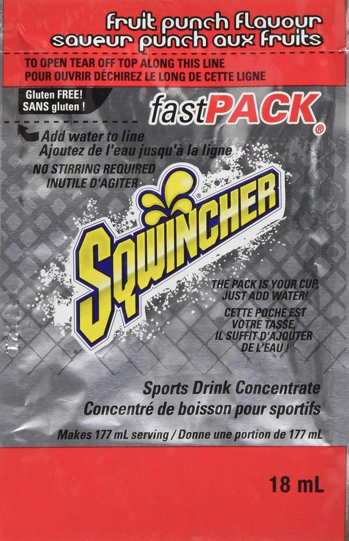Sqwincher Fast Pack Liquid Concentrate | Fruit Punch Flavored | Low Calorie | Low Sodium | Electrolyte Replenishment Hydration Drink Mix | Just Add Water to Pouch | .6 oz Packet (4 Packs of 50) (EXP 07/29/26)