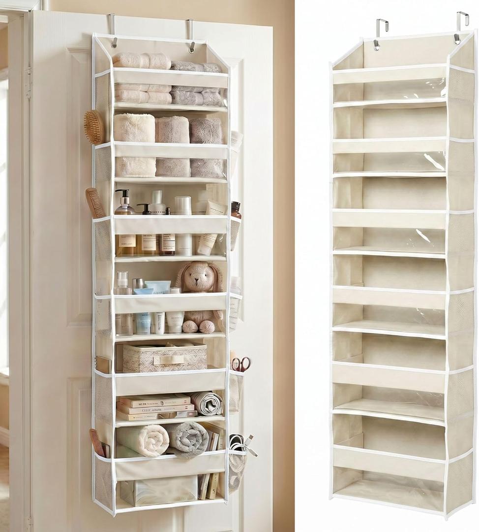 HOMELUX THEORY UPGRADED 6 Tiers Over The Door Organizer Hanging - 100D EXTRA THICK & 50lbs HUGE CAPACITY, 12 Side Mesh Pockets Over The Door Shoe Organizer, Hanging Closet Organizer (Ivory, 1pc)