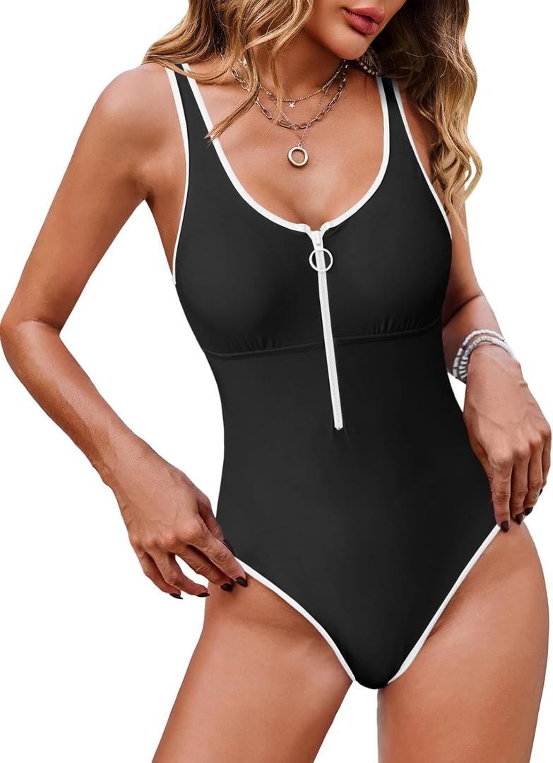 Saodimallsu Womens Zip Up One Piece Swimsuit Color Block Backless Vintage Slimming High Cut Bathing Suit (X-Large, Black)