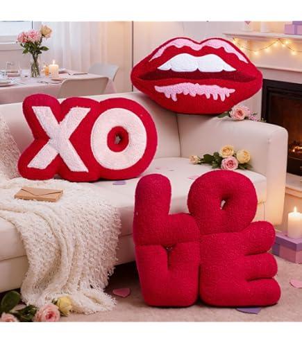 Lanpn Valentines Pillows 3Pcs, Plush Throw Pillows Xo Pillow Love Throw Pillow Valentines Day Decorative Cushion for Living Room Bedroom Couch Bed Sofa Valentine Day Decor (Red)