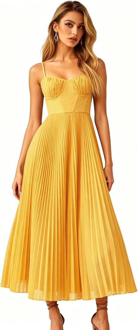 Womens Pleated A-Line Ruched Sleeveless Prom Dress Adjustable Spaghetti Strap Backless Party Gown Dress (Yellow, XL)