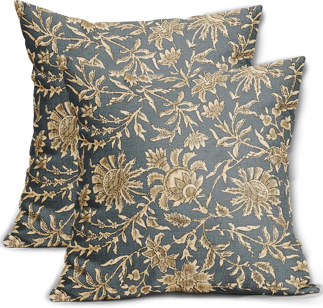 Vintage Floral Pillow Covers 18x18 Set of 2 Dusty Blue Retro Botanical Flower Pattern Print Neutral Decorative Throw Pillow Cases Boho Outdoor Rustic Farmhouse Decoration for Sofa Couch Bed
