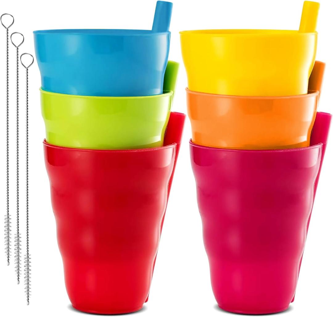 Kids Cups with Straw  Set of 6 Toddler Cups with BuiltIn Straw 10 Oz BPA-Free Plastic Drinking Cups for Kids Top Rack Dishwasher Safe