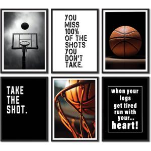 6Pcs Basketball Canvas Wall Art Inspirational Sport Theme Painting Picture Wall Decor Black White Basketball Motivational Quotes Poster Print Artwork for Teen Boys Kids Room Decor (poster, 8x10in)