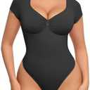 FeelinGirl Short Sleeve Bodysuit for Women V Neck Tummy Control Shapewear Seamless Thong Body Suits Tops LARGE Black