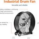Amazon Basics 30" 300W High-Velocity Heavy-Duty Industrial Drum Fan for Cooling, Metal Housing, UL-Certified Safety Compliance, 2 Speeds, High CFM Up to 12,480, 5.9-ft Power Cord, 2 Wheels, Black