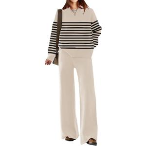 ETCYY NEW Womens Elegant Lounge Sets Knitted Sweatsuit Sets 2 Piece Outfits with Sweater Tops and Wide Leg Sweatpants (Small, 115striped Beige)